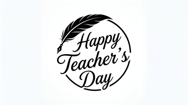 A vintage illustration for happy teachers day featuring a feather pen and elegant circular frame design