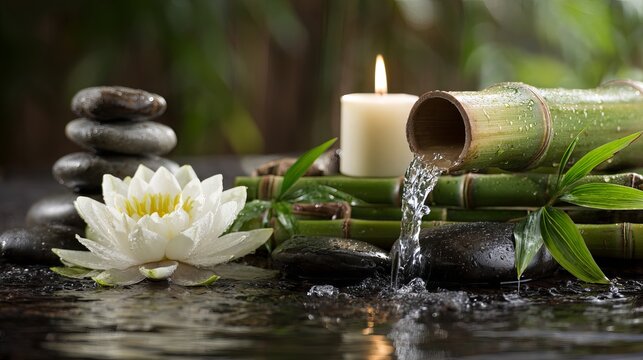 Serene bamboo waterfall cascading over smooth stones with floating white lotus blooms in tranquil natural pond lighting, perfect for wellness retreats and spa ambiance