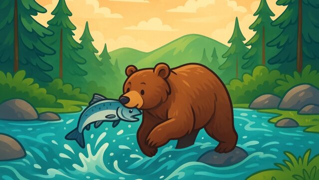 Bear fishing in forest stream wallpaper for desktop