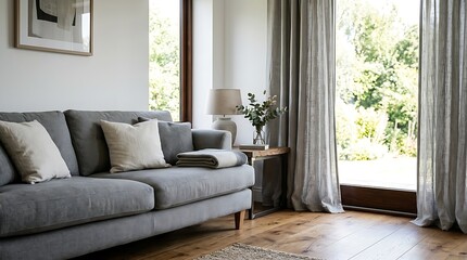 Fototapeta premium Bright Living Room Interior with Nature View Through Large Window