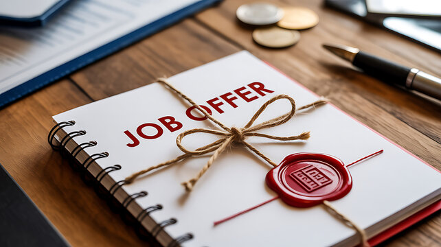 Job offer notebook tied with twine and sealed with a red wax seal on a wooden desk Keywords: job