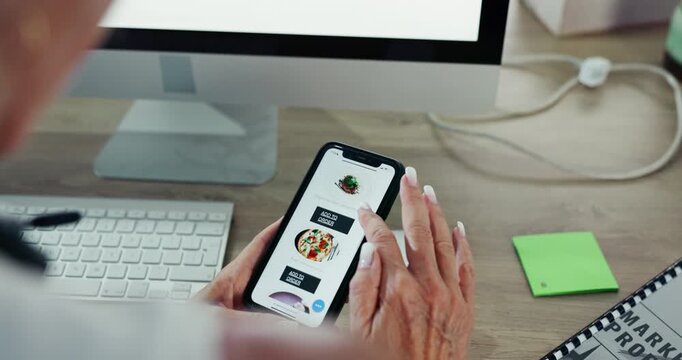 Hands, business woman and smartphone with online food order and delivery with mobile user and takeout menu. Person, employee and accountant with a cellphone and ecommerce with digital app and screen