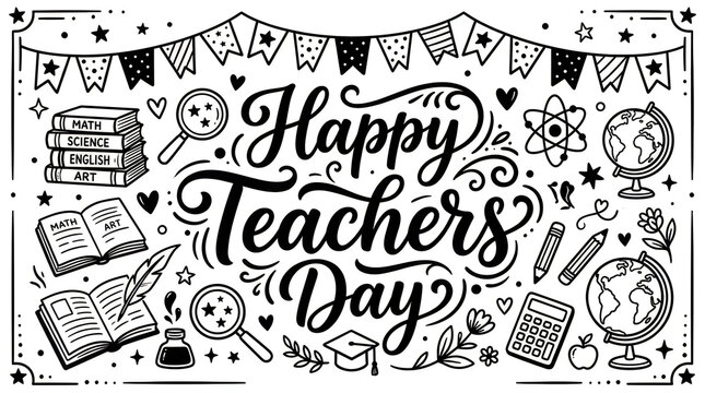Happy teachers day hand lettered illustration with school supplies and decorative elements