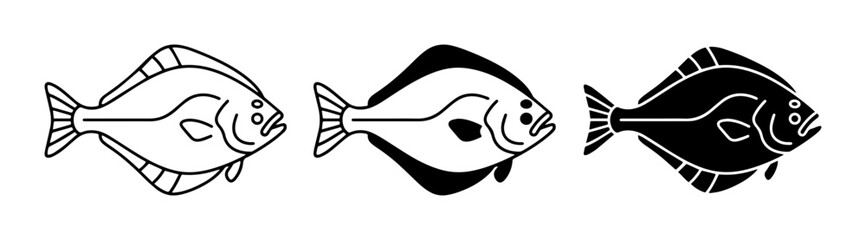 Fototapeta premium Flatfish Vector Icons, Halibut and Sole Silhouettes, Seafood and Marine Life Graphics
