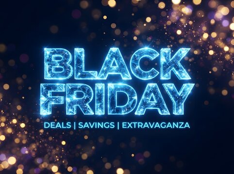 Glowing black friday text with sparkling lights and a dark blue background