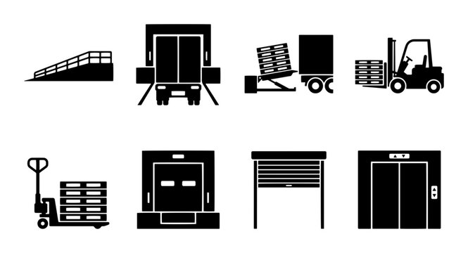 Logistics and Warehouse Icons: Loading Dock, Forklift, Pallet Jack, Ramp, Elevator, Truck, Cargo Lift, Roller Shutter Door, Vector Set