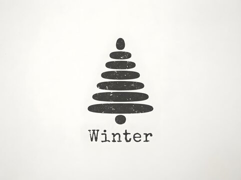 Minimalist black and white illustration of a christmas tree with the word winter