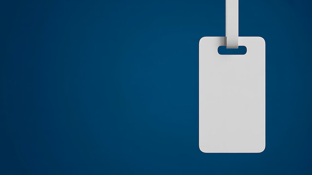 Plain white rectangular tag with rounded corners hanging from a white strap against a deep blue