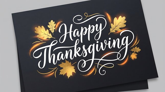 Elegant happy thanksgiving typographic greeting card design with beautiful golden autumn fall leaf decorations