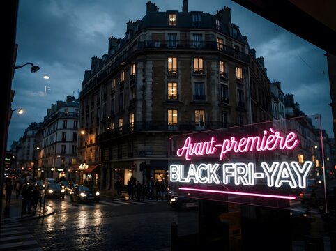 Illuminated cinema facade with a premiere sign reflecting on a wet city street