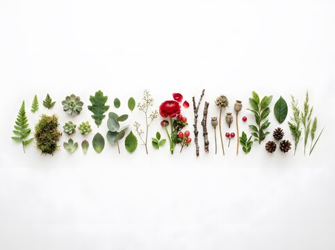 Collection of various small natural elements arranged on a clean white background