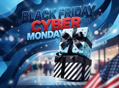 Black friday and cyber monday sale with gift boxes and blurred shopping background