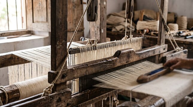Traditional wooden handloom machine weaving white fabric in a rustic workshop setting