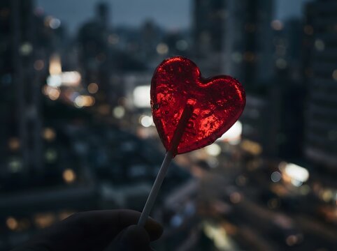 Red heart shaped balloon floats against a blurred city skyline at dusk