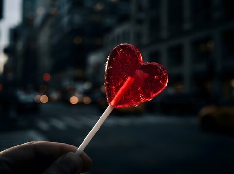 Close up of a red heart shaped lollipop held in a blurred background