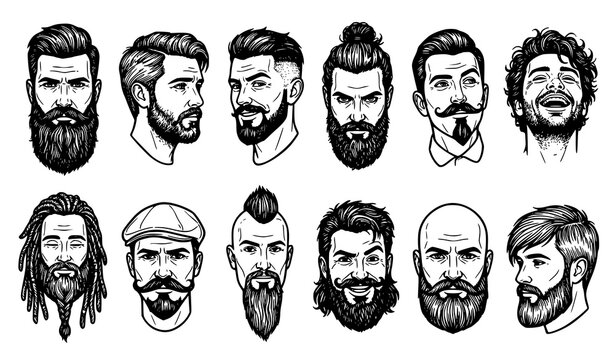 Set of hand drawn male portraits featuring various trendy hairstyles and different styles of facial hair