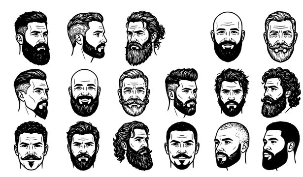 Set of various men faces with different beard styles and haircuts in a detailed black and white illustration style