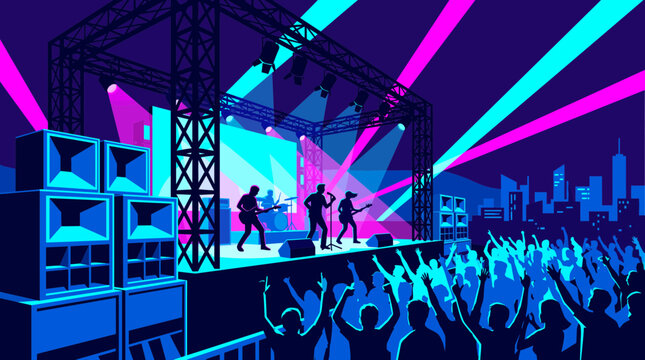 Outdoor music festival illustration showcasing a live band performance, vibrant stage lights and cheering crowd silhouettes, representing live entertainment and nightlife energy