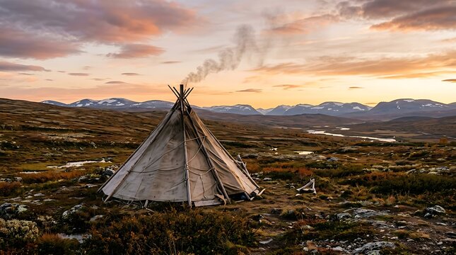 Traditional Sami Lavvu Tent in Arctic Landscape at Sunset