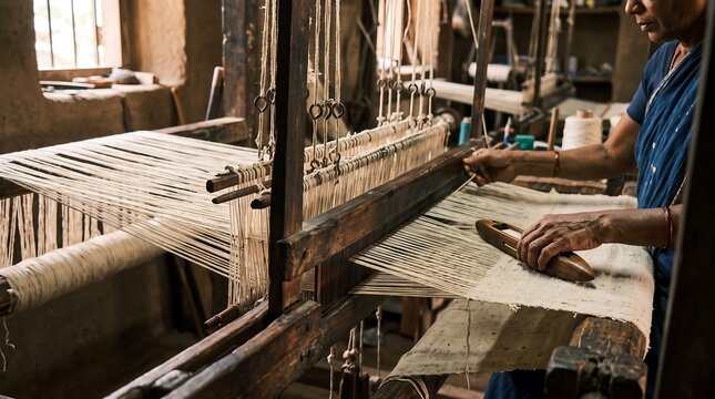 Artisan weaving cotton fabric on a traditional wooden handloom in a workshop.