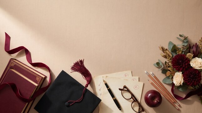 Academic Success Flat Lay with Graduation Cap Books Flowers and Copy Space