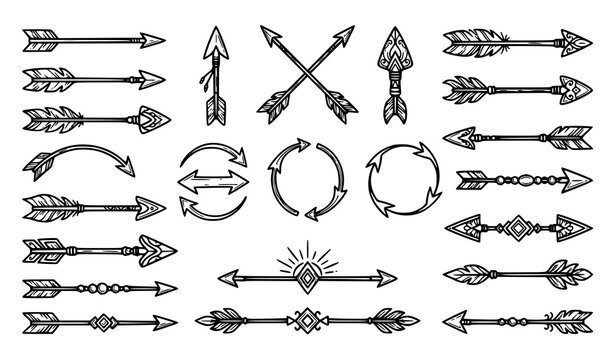 Set of hand drawn tribal arrows with feathers and decorative elements in a vintage sketch style
