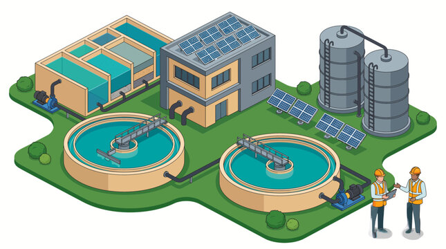 Isometric water treatment plant illustration showcasing circular clarification tanks, solar panels and storage towers, representing sustainable infrastructure and environmental management
