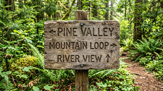 Wooden trail sign in lush forest with directions for Pine Valley, Mountain Loop, River View