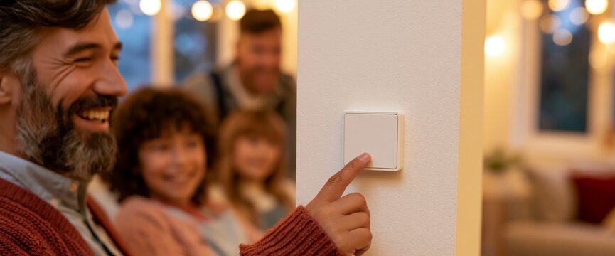 Family turning on light switch indoors
