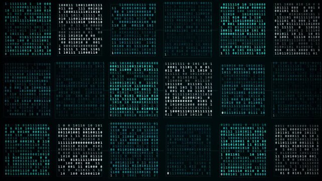 Changing Binary Code Panels on Dark Digital Interface with Flickering Data Patterns