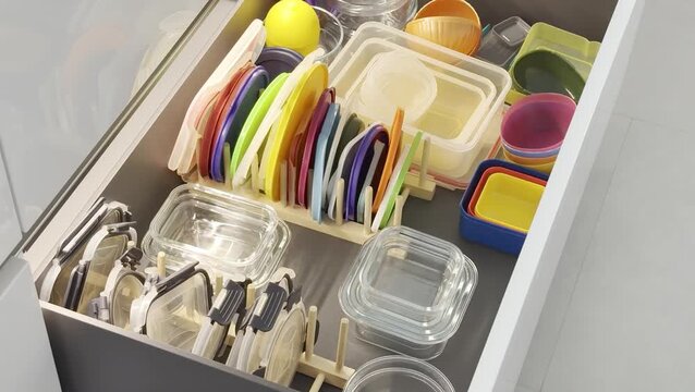 Colorful kitchen drawer filled with organized containers, lids, and utensils
