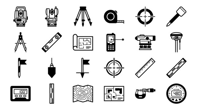 Surveying equipment and measurement vector icons showcasing theodolite tools, topographical maps and leveling instruments, representing land surveying and engineering precision