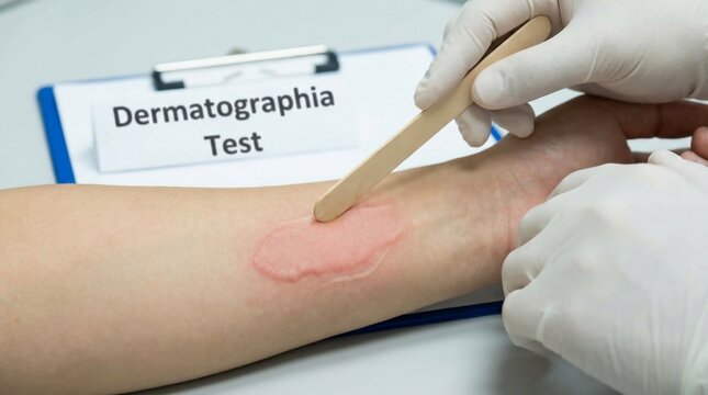 Dermatographia Test for skin allergy with a medical instrument on a human arm with a red reaction.
