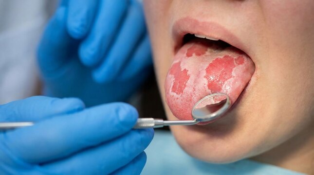 Close-up of a person's tongue with geographic tongue condition, examined by a dentist using a mirror.