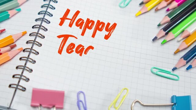 Colorful Animation of Happy Teachers Day greeting text displayed on a grid notebook surrounded by colorful pencils, paper clips, and stationery