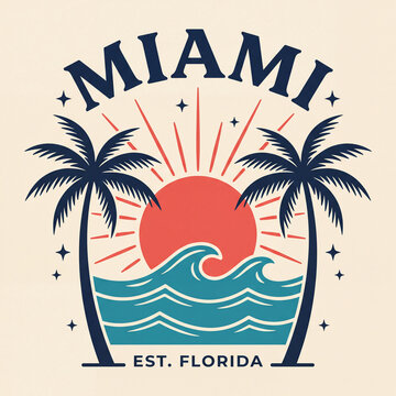 Vintage Miami beach sunset, retro palm tree ocean waves, tropical summer logo