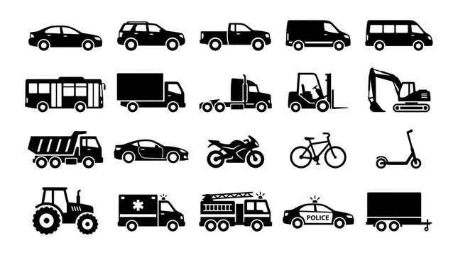 Black vehicle icons and transportation vector silhouettes featuring automobiles, emergency trucks and heavy construction machinery, representing logistics service and urban mobility