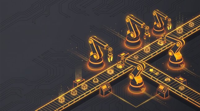Futuristic Dark Robotics and Industrial Automation Background with Glowing Amber Robotic Arms and Copy Space