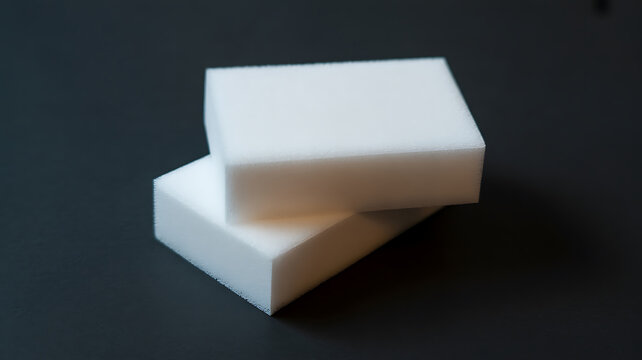 Two white rectangular cleaning sponges stacked on a dark gray textured background with soft lighting
