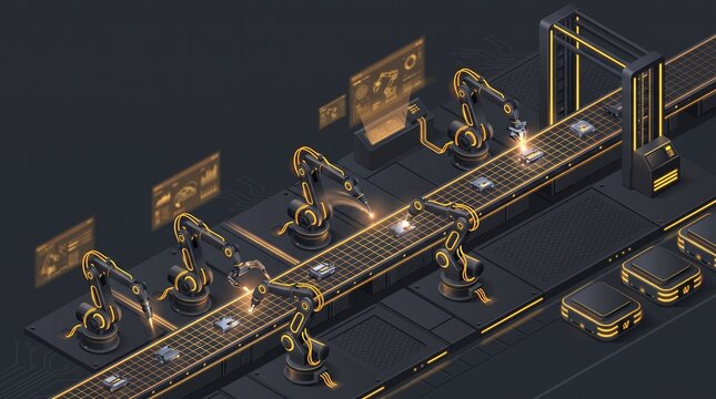 Futuristic Dark Robotics and Industrial Automation Background with Glowing Amber Robotic Arms and Copy Space