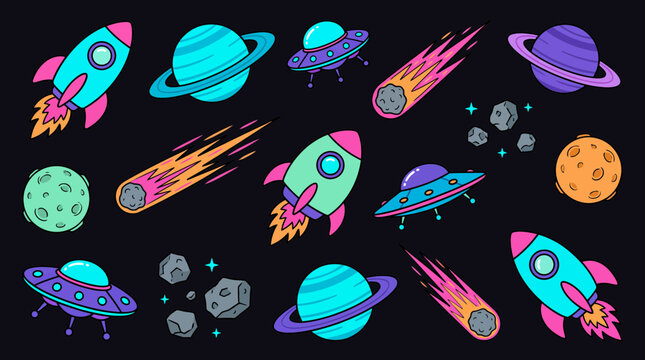 Colorful space sticker icons and galaxy vector set featuring flying rockets, glowing ufos and ringed planets, illustrating cosmic exploration and astronomy adventure