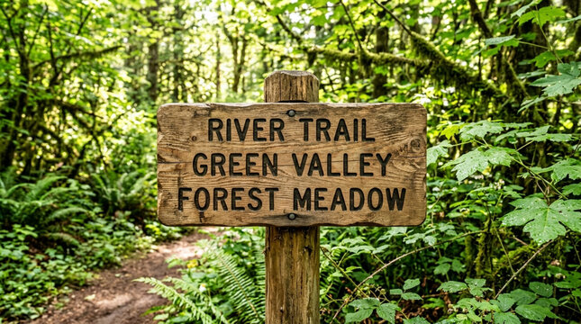 Wooden Trail Sign in Lush Forest, River Trail Green Valley Forest Meadow