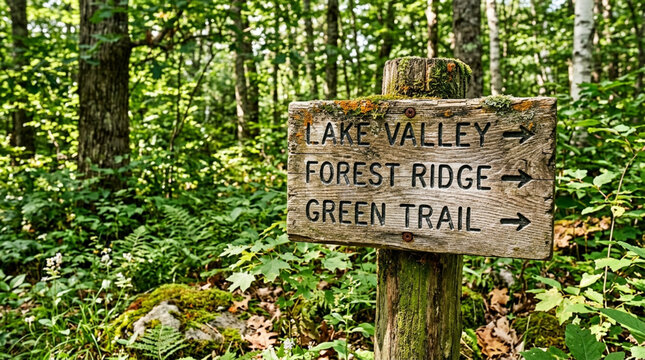 Wooden trail sign in lush green forest pointing directions to Lake Valley, Forest Ridge, Green Trail