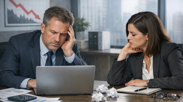 A man and woman in suits hunched over a messy desk filled with papers and computer equipment. They appear overwhelmed by their workload.