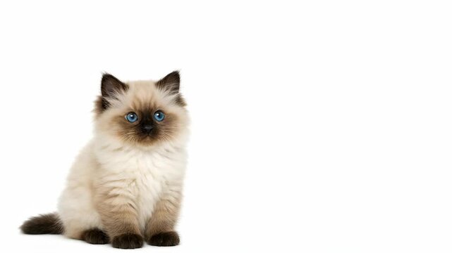 A small kitten sitting on a white background, with striking blue eyes and a fluffy coat.