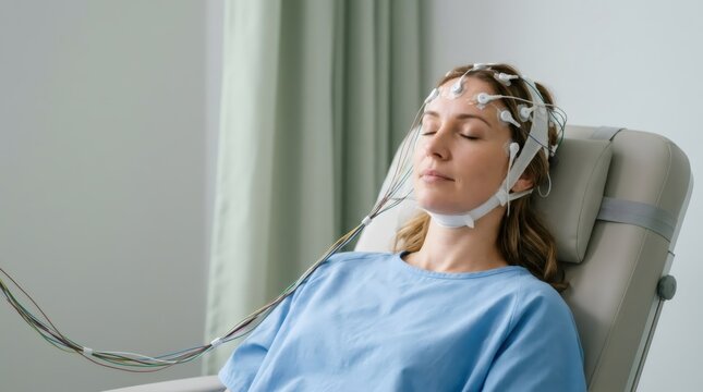 Woman undergoing electroencephalogram examination with electrodes attached to her head in a medical clinic. Neurology research, brain health diagnosis, and healthcare technology concept