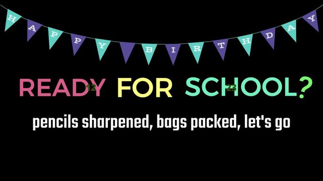School announcement graphic features colorful party bunting above text on a black background.