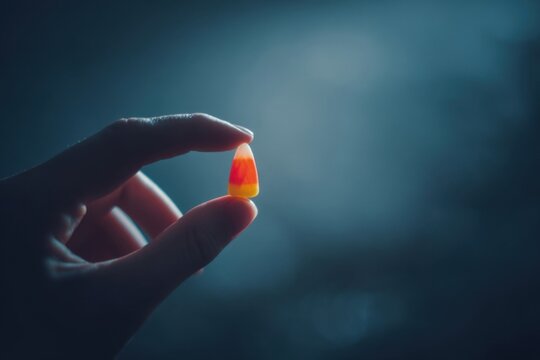Single piece of candy corn resting in an outstretched hand against a simple seasonal backdrop