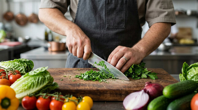 Chef Chopping Fresh Herbs on Cutting Board Surrounded by Vegetables