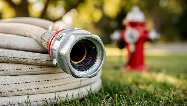Close-up of Fire Hydrant and Fire Hose on Grass in Park